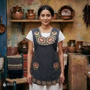 Brown Mexican Embroidered Smock Apron – Floral Traditional Design